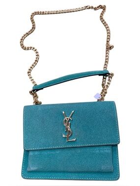 Teal Suede Shoulder Bag with Gold Chain